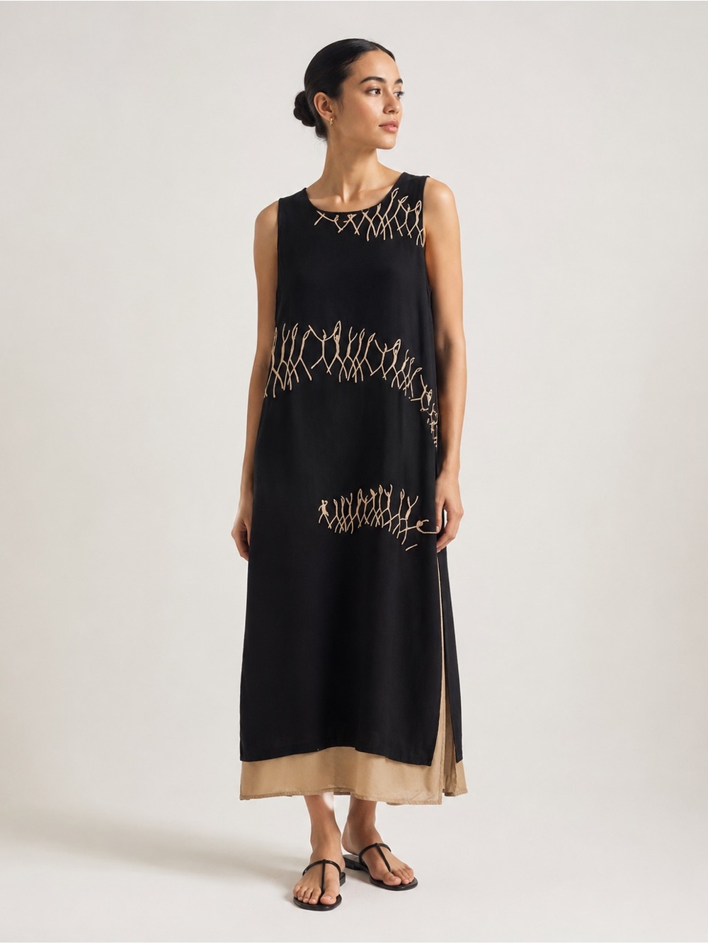 Animale Black Sleeveless Midi Dress Pockets Size Medium Lagenlook Boho Summer